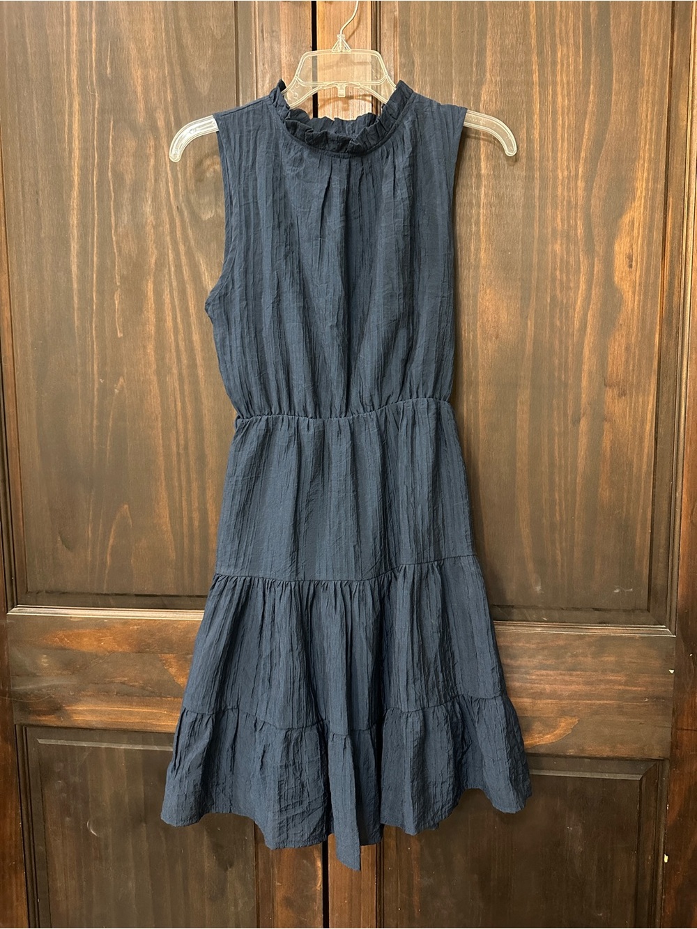 New Sleeveless Navy Tiered Mini Dress with Ruffle Neck